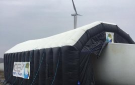 Inside the ground-based Ventura Habitat, wind technicians can repair turbine blades without regard to wind or weather. GEV Wind Power also offers an up-tower Habitat here.
