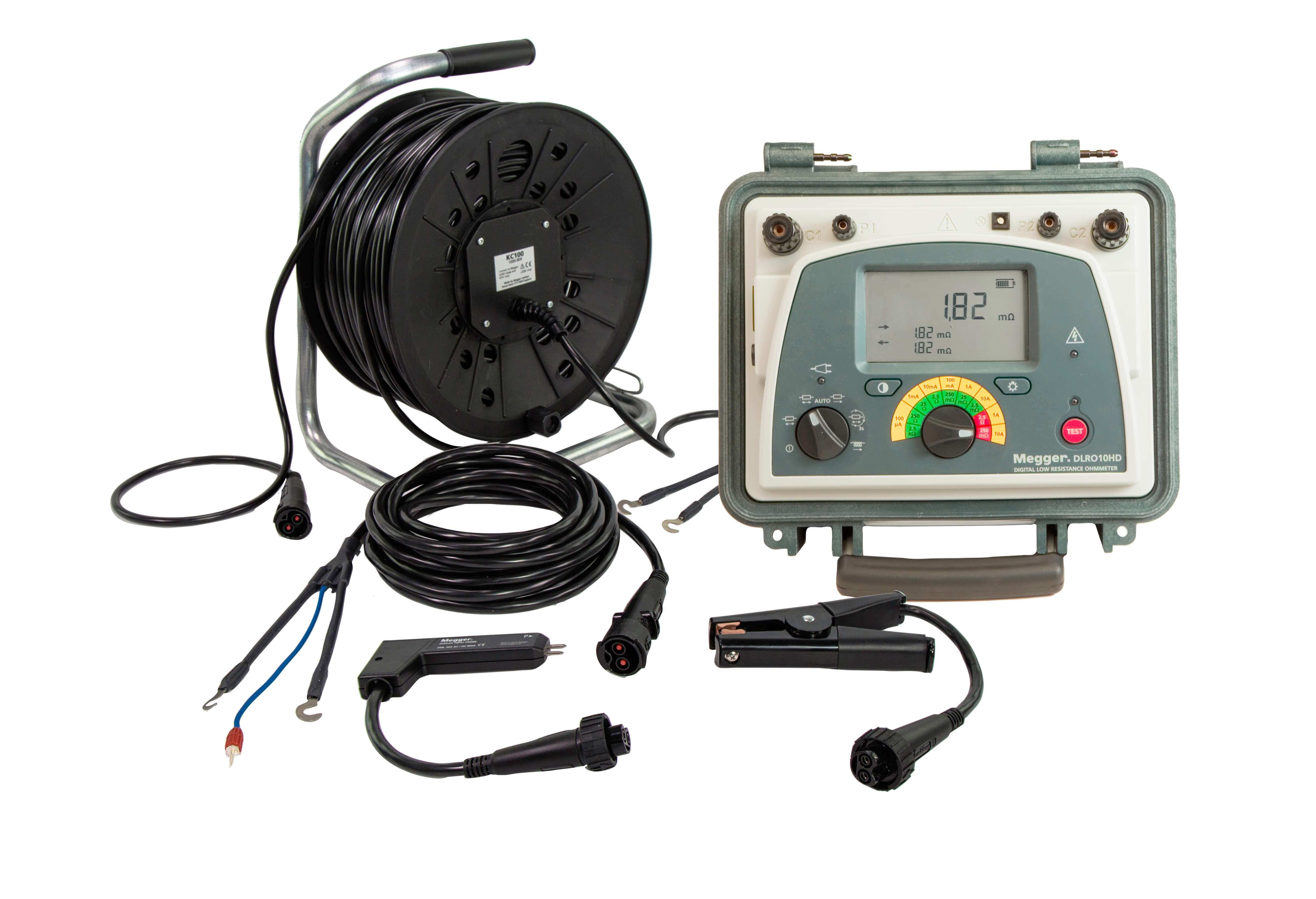 The wind-turbine lightning protection test lead set from Megger is available in a 328 ft. (100m) length, and is suitable for use on site or in the manufacturing plant. The lead set is 10A rated and consists of two test leads. The first cable is 16 ft. (5m) and the second is 328 ft. (100m). The lead set offers reversible terminations. One termination is a duplex handspike, and the other is a heavy-duty Kelvin clip.
