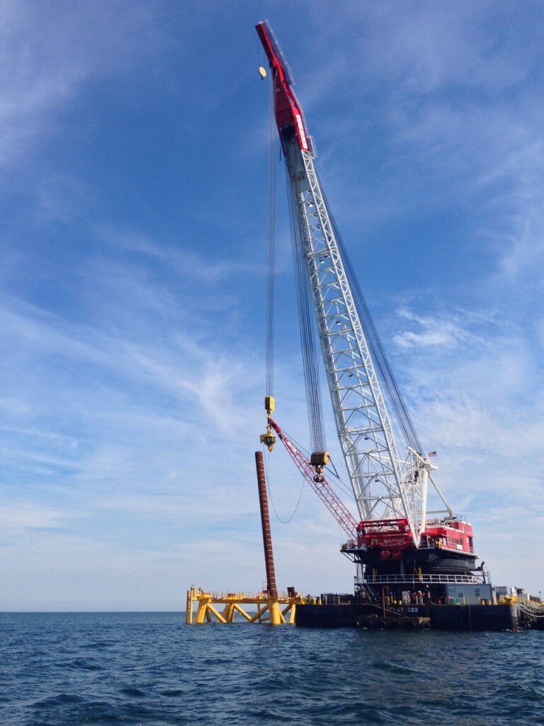 A jacket foundation is set for a turbine off of Block Island. The turbines will be installed Spring or summer of 2016.