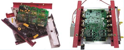 On the left, you see a broken GE 1.5MW IGBT that came to PSI Repair Services. On the right, you see the fixed IGBT that underwent root cause analysis and product upgrade services.